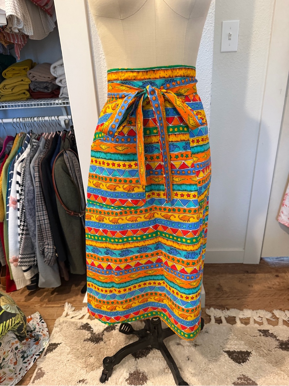 Vibrant Orange & Blue Striped Tie-Waist Midi Skirt